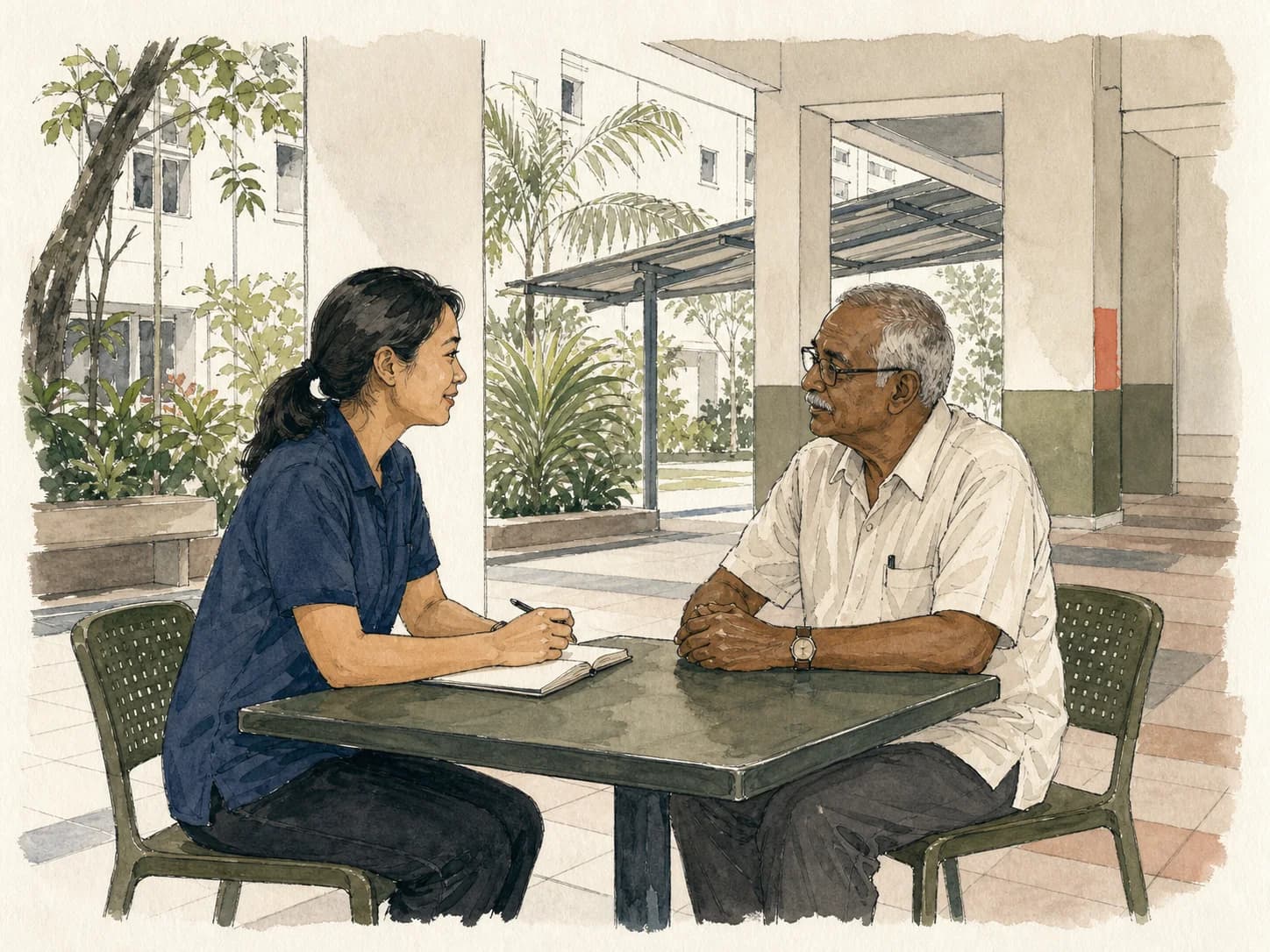 A Singaporean community care worker meeting an older man at an HDB void deck