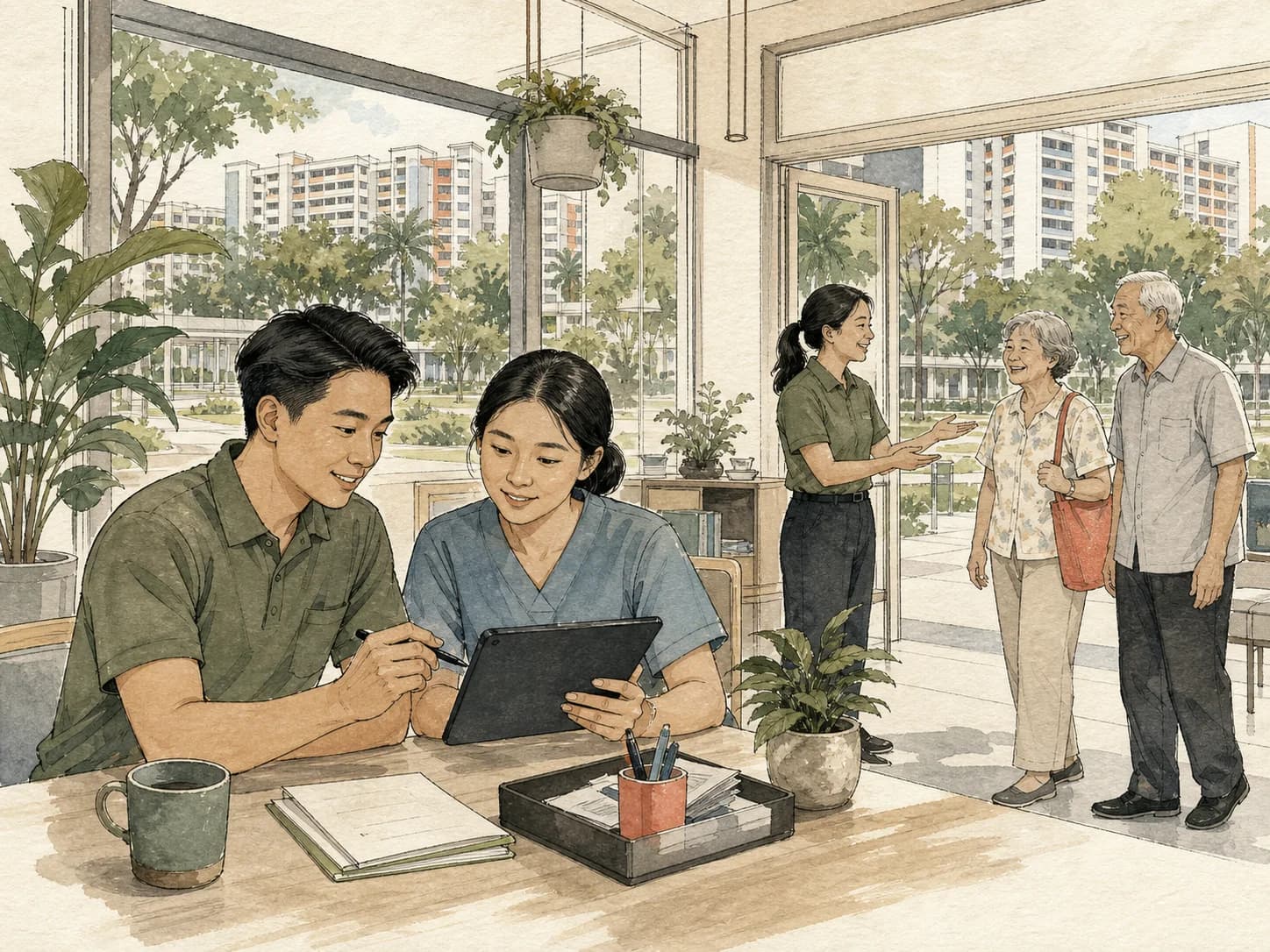 A Singaporean care team coordinating follow-up work at an Active Ageing Centre
