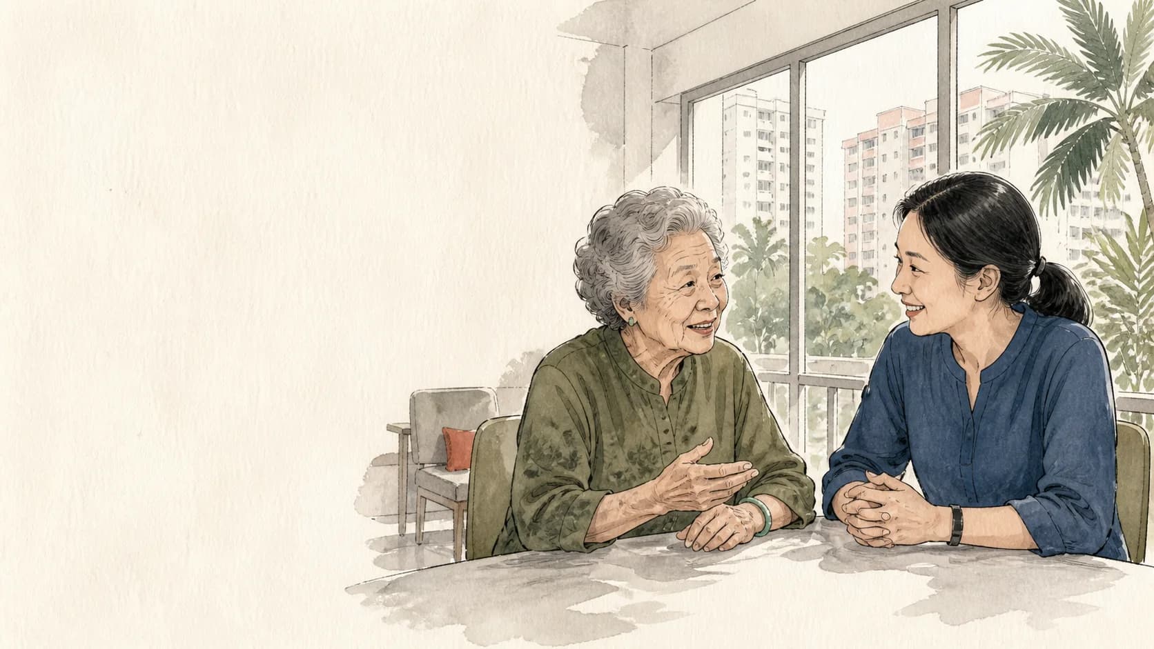 An older Singaporean woman speaking with a community care professional