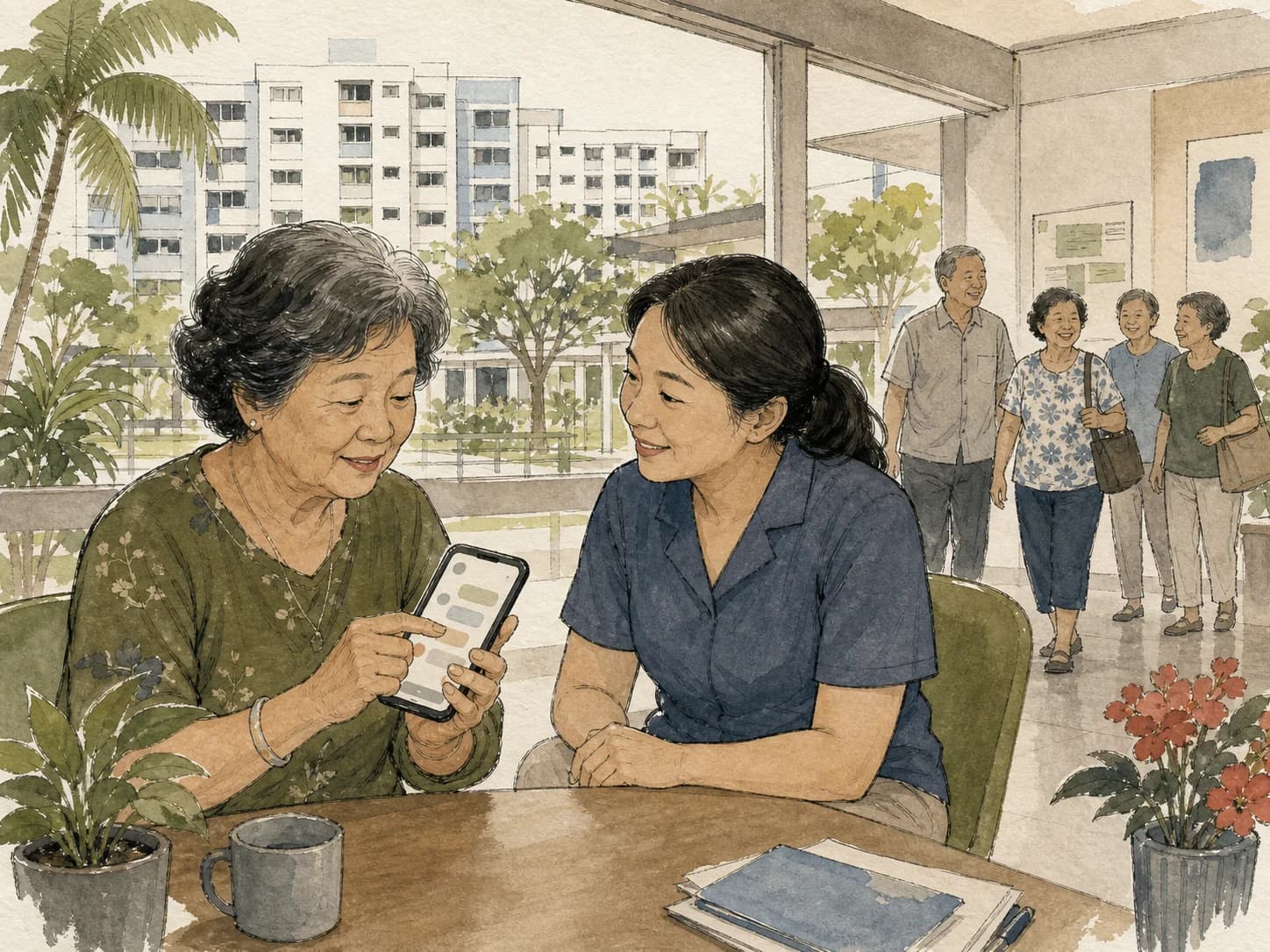 An older Singaporean woman speaking with centre staff after a WhatsApp check-in